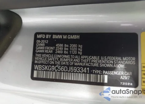 2013 BMW M3 из США, поврежденный, VIN WBSKG9C56DJ593341